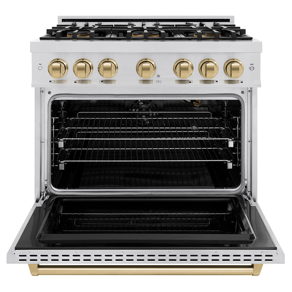 ZLINE Autograph Edition 36 in. 5.2 cu. ft. Classic Gas Range with 6 Burner DuoPro™ Cooktop and Convection Gas Oven in Stainless Steel and Champagne Bronze Accents (PCGRZ-36-CB)