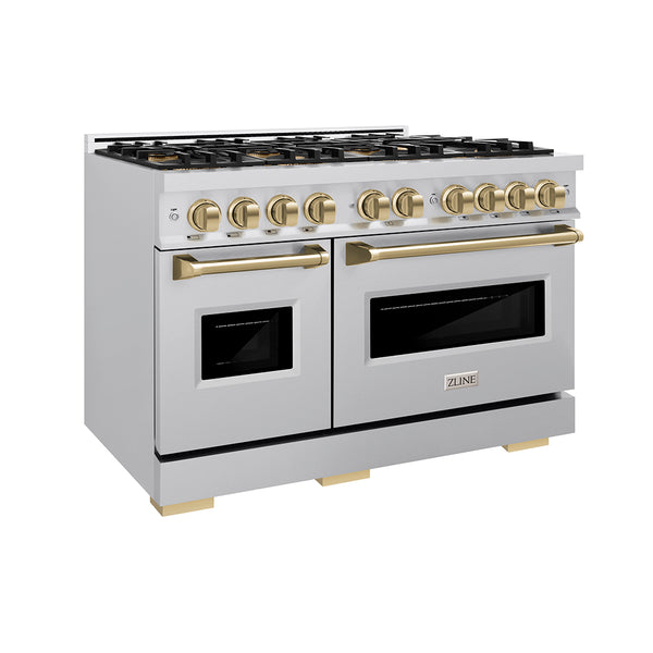ZLINE Autograph Edition 48 in. 6.7 cu. ft. Classic Gas Range with 8 Burner DuoPro™ Cooktop and Dual Ovens in Stainless Steel and Champagne Bronze Accents (PCGRZ-48-CB)