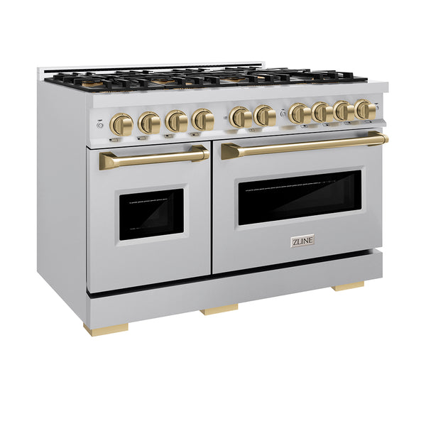 ZLINE Autograph Edition 48 in. 6.7 cu. ft. Classic Gas Range with 8 Burner DuoPro™ Cooktop and Dual Ovens in Stainless Steel and Champagne Bronze Accents (PCGRZ-48-CB)