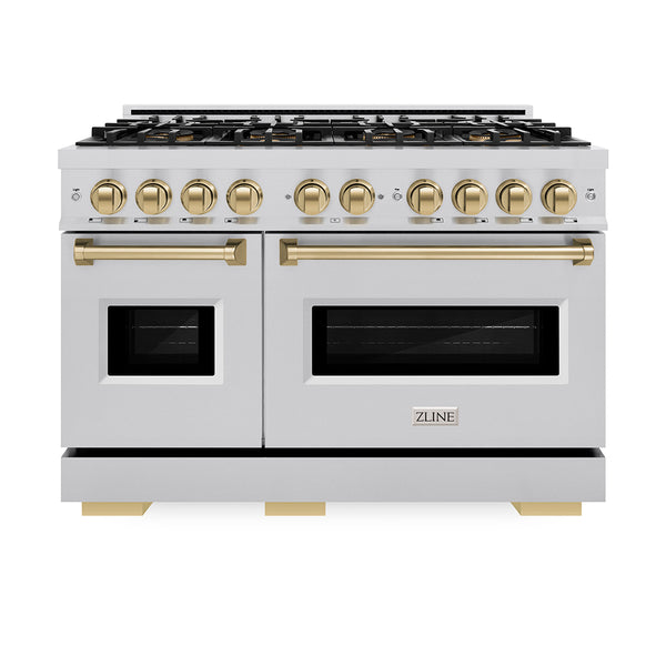 ZLINE Autograph Edition 48 in. 6.7 cu. ft. Classic Gas Range with 8 Burner DuoPro™ Cooktop and Dual Ovens in Stainless Steel and Champagne Bronze Accents (PCGRZ-48-CB)