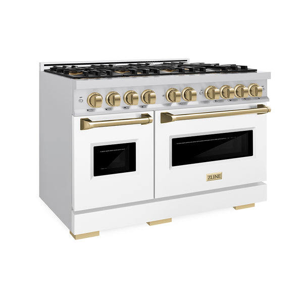 ZLINE Autograph Edition 48 in. 6.7 cu. ft. Classic Gas Range with 8 Burner DuoPro™ Cooktop and Dual Ovens with White Matte Doors and Champagne Bronze Accents (PCGRZ-WM-48-CB)