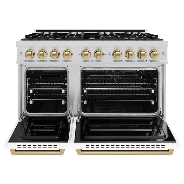 ZLINE Autograph Edition 48 in. 6.7 cu. ft. Classic Gas Range with 8 Burner DuoPro™ Cooktop and Dual Ovens with White Matte Doors and Champagne Bronze Accents (PCGRZ-WM-48-CB)