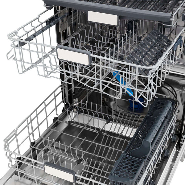 ZLINE 24 in. Monument Series 3rd Rack Top Touch Control Dishwasher with Fingerprint Resistant Stainless Steel Panel, 45dBa (DWMT-SN-24) adjustable racks extended from above.