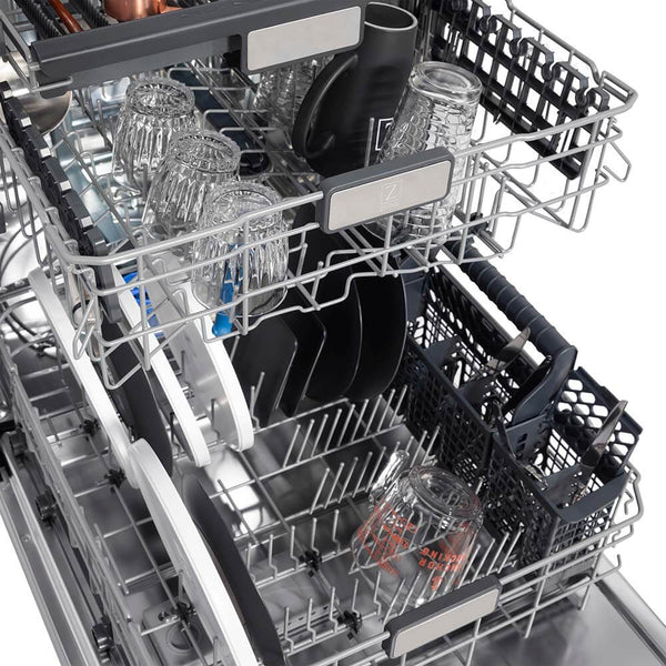 ZLINE 24 in. Monument Series 3rd Rack Top Touch Control Dishwasher with Fingerprint Resistant Stainless Steel Panel, 45dBa (DWMT-SN-24) close-up, dishes loaded on dish rack.