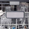ZLINE Autograph Edition 24 in. 3rd Rack Top Touch Control Tall Tub Dishwasher in Stainless Steel with Polished Gold Handle, 45dBa (DWMTZ-304-24-G) close-up, ZLINE logo on dish rack.