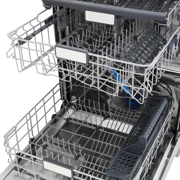 ZLINE 24 in. Monument Series 3rd Rack Top Touch Control Dishwasher with Stainless Steel Panel, 45dBa (DWMT-304-24) adjustable racks extended from above.