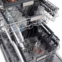 ZLINE Autograph Edition 24 in. 3rd Rack Top Touch Control Tall Tub Dishwasher in Stainless Steel with Polished Gold Handle, 45dBa (DWMTZ-304-24-G) close-up, dishes loaded on dish rack.