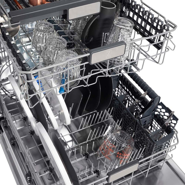 ZLINE Autograph Edition 24 in. 3rd Rack Top Touch Control Tall Tub Dishwasher in Stainless Steel with Polished Gold Handle, 45dBa (DWMTZ-304-24-G) close-up, dishes loaded on dish rack.