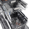ZLINE 24 in. Monument Series 3rd Rack Top Touch Control Dishwasher with Stainless Steel Panel, 45dBa (DWMT-304-24) close-up, dishes loaded on dish rack.