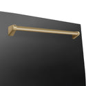 ZLINE Autograph Edition 24 in. 3rd Rack Top Touch Control Tall Tub Dishwasher in Black Stainless Steel with Champagne Bronze Handle, 45dBa (DWMTZ-BS-24-CB) close-up, handle on dishwasher exterior.