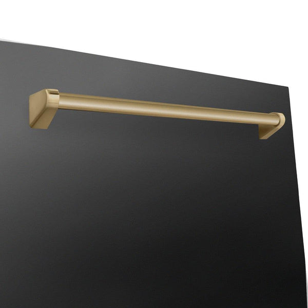 ZLINE Autograph Edition 24 in. 3rd Rack Top Touch Control Tall Tub Dishwasher in Black Stainless Steel with Champagne Bronze Handle, 45dBa (DWMTZ-BS-24-CB) close-up, handle on dishwasher exterior.