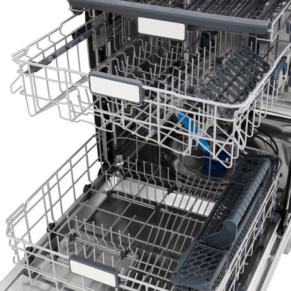 ZLINE Autograph Edition 24 in. 3rd Rack Top Control Tall Tub Dishwasher in Fingerprint Resistant Stainless Steel with Champagne Bronze Accents, 45dBa (DWMTZ-SN-24-CB) adjustable racks extended from above.