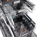 ZLINE Autograph Edition 24 in. 3rd Rack Top Control Tall Tub Dishwasher in Fingerprint Resistant Stainless Steel with Champagne Bronze Accents, 45dBa (DWMTZ-SN-24-CB) close-up, dishes loaded on dish rack.