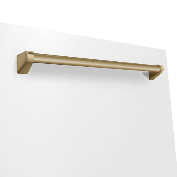 ZLINE Autograph Edition 24 in. 3rd Rack Top Touch Control Tall Tub Dishwasher in White Matte with Champagne Bronze Accent Handle, 45dBa (DWMTZ-WM-24-CB) close-up, handle on dishwasher exterior.
