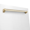 ZLINE Autograph Edition 24 in. 3rd Rack Top Touch Control Tall Tub Dishwasher in White Matte with Polished Gold Accent Handle, 45dBa (DWMTZ-WM-24-G) close-up, handle on dishwasher exterior.