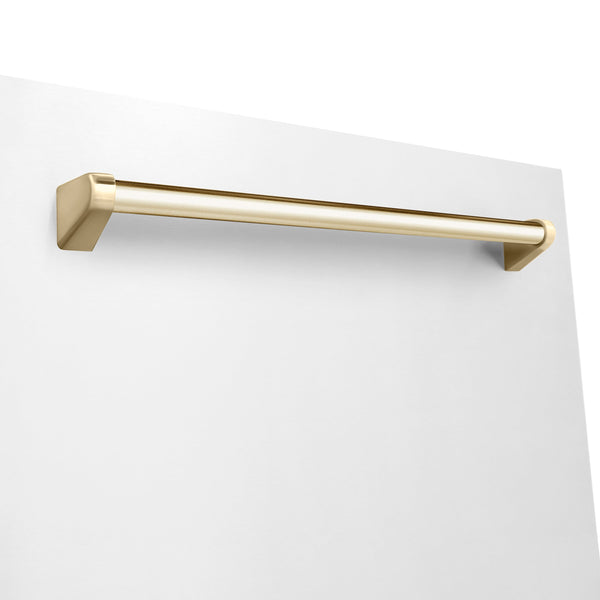 ZLINE Autograph Edition 24 in. 3rd Rack Top Touch Control Tall Tub Dishwasher in White Matte with Polished Gold Accent Handle, 45dBa (DWMTZ-WM-24-G) close-up, handle on dishwasher exterior.