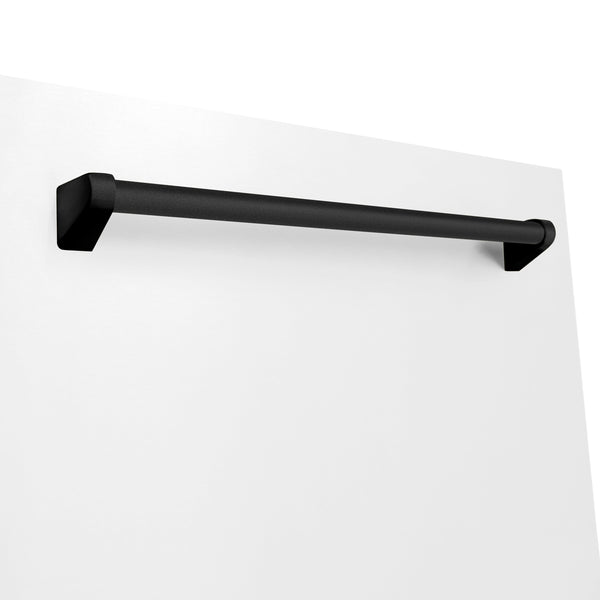 ZLINE Autograph Edition 24 in. 3rd Rack Top Touch Control Tall Tub Dishwasher in White Matte with Matte Black Accent Handle, 45dBa (DWMTZ-WM-24-MB) close-up, handle on dishwasher exterior.