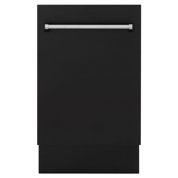 ZLINE 18 in. Tallac Series 3rd Rack Top Control Dishwasher with a Stainless Steel Tub with Black Matte Panel, 51dBa (DWV-BLM-18) front, closed.