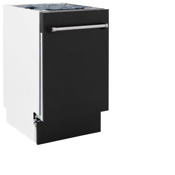 ZLINE 18 in. Tallac Series 3rd Rack Top Control Dishwasher with a Stainless Steel Tub with Black Matte Panel, 51dBa (DWV-BLM-18) front, closed.