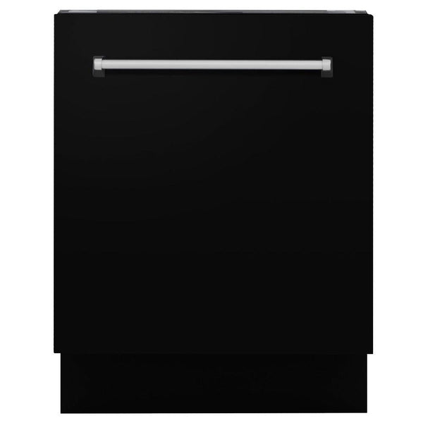 ZLINE 24 in. Tallac Series 3rd Rack Dishwasher with Black Matte Panel and Traditional Handle, 51dBa (DWV-BLM-24) front, closed.