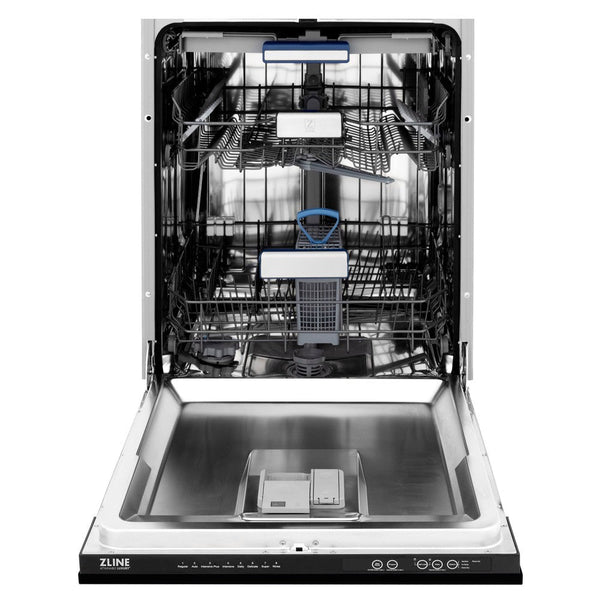ZLINE 24" Tallac Series 3rd Rack Dishwasher with Matte Black Panel and Traditional Handle, 51dBa (DWV-BLM-24) front, door open.