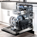 ZLINE 24 in. Tallac Series 3rd Rack Dishwasher with Black Matte Panel and Traditional Handle, 51dBa (DWV-BLM-24) in a luxury kitchen from side, open with dishes loaded on all dish racks.