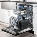 ZLINE Autograph Edition 18 in. Compact 3rd Rack Top Control Dishwasher in Black Stainless Steel with Polished Gold Accent Handle, 51dBa (DWVZ-BS-18-G) in a luxury kitchen from side, open with dishes loaded on all dish racks.
