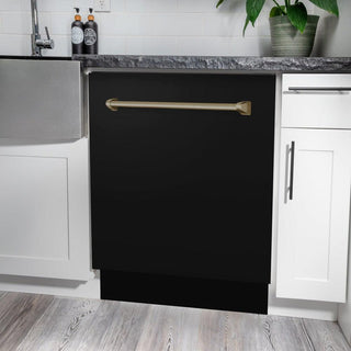 ZLINE Autograph Edition 24 in. 3rd Rack Top Control Tall Tub Dishwasher in Black Stainless Steel with Champagne Bronze Accent Handle, 51dBa (DWVZ-BS-24-CB) in a kitchen with white cabinets and stone countertops.