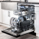 ZLINE Autograph Edition 24 in. 3rd Rack Top Control Tall Tub Dishwasher in Black Stainless Steel with Champagne Bronze Accent Handle, 51dBa (DWVZ-BS-24-CB) in a luxury kitchen from side, open with dishes loaded on all dish racks.