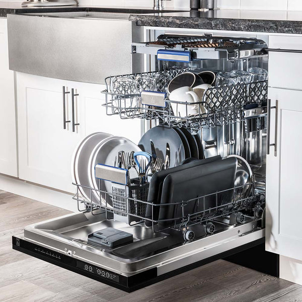 ZLINE Autograph Edition 24 in. 3rd Rack Top Control Tall Tub Dishwasher in Black Stainless Steel with Champagne Bronze Accent Handle, 51dBa (DWVZ-BS-24-CB) in a luxury kitchen from side, open with dishes loaded on all dish racks.