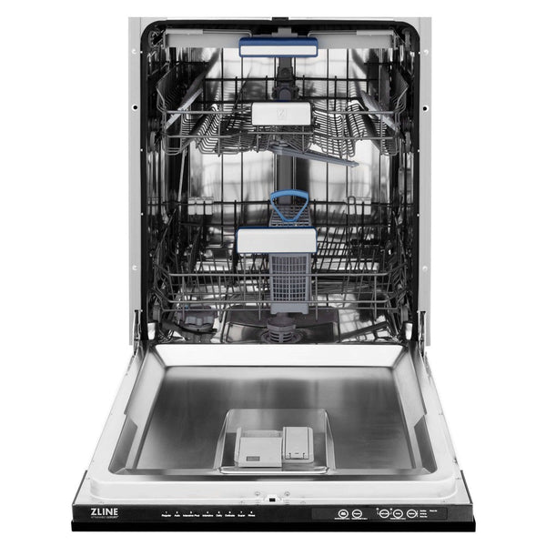 ZLINE black stainless steel dishwasher front with door open.
