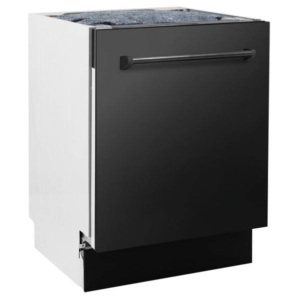 ZLINE Kitchen Package with Black Stainless Steel Refrigeration, 36 in. Dual Fuel Range, 36 in. Range Hood, Microwave Drawer, and 24 in. Tall Tub Dishwasher (5KPR-RABRH36-MWDWV) 