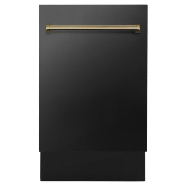 ZLINE Autograph Edition 18 in. Compact 3rd Rack Top Control Dishwasher in Black Stainless Steel with Champagne Bronze Accent Handle, 51dBa (DWVZ-BS-18-CB) front, closed.