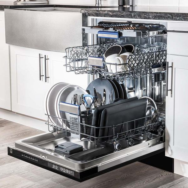 ZLINE Autograph Edition 18 in. Compact 3rd Rack Top Control Dishwasher in Black Stainless Steel with Champagne Bronze Accent Handle, 51dBa (DWVZ-BS-18-CB) in a luxury kitchen from side, open with dishes loaded on all dish racks.