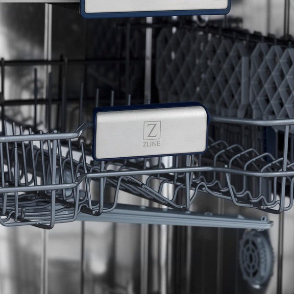 ZLINE Autograph Edition 18 in. Compact 3rd Rack Top Control Dishwasher in Black Stainless Steel with Polished Gold Accent Handle, 51dBa (DWVZ-BS-18-G) close-up, ZLINE logo on dish rack.