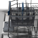 ZLINE Autograph Edition 18 in. Compact 3rd Rack Top Control Dishwasher in Black Stainless Steel with Polished Gold Accent Handle, 51dBa (DWVZ-BS-18-G) close-up, utensil holder on bottom rack.