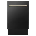 ZLINE Autograph Edition 18 in. Compact 3rd Rack Top Control Dishwasher in Black Stainless Steel with Polished Gold Accent Handle, 51dBa (DWVZ-BS-18-G) front, closed.