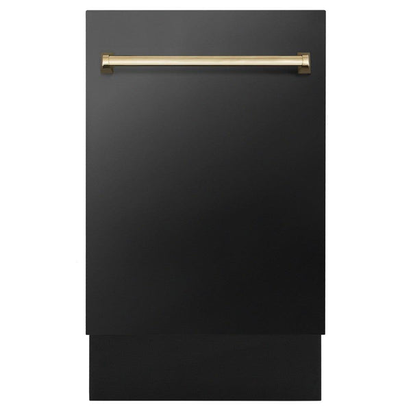 ZLINE Autograph Edition 18 in. Compact 3rd Rack Top Control Dishwasher in Black Stainless Steel with Polished Gold Accent Handle, 51dBa (DWVZ-BS-18-G) front, closed.