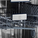 ZLINE Autograph Edition 24 in. 3rd Rack Top Control Tall Tub Dishwasher in Black Stainless Steel with Champagne Bronze Accent Handle, 51dBa (DWVZ-BS-24-CB) close-up, ZLINE logo on dish rack.