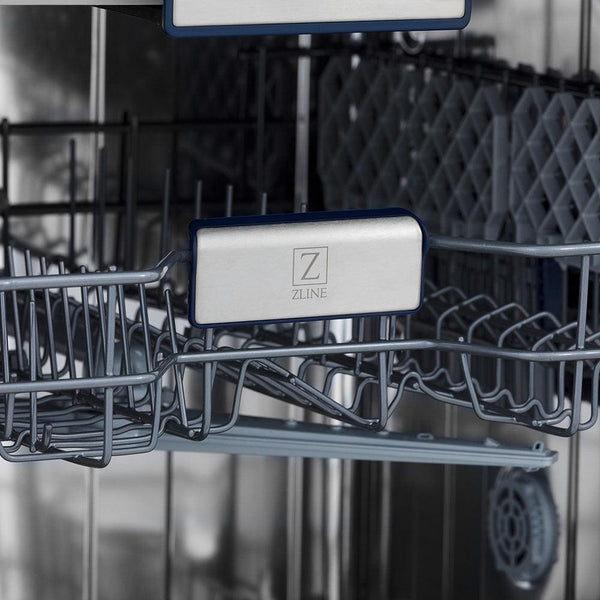 ZLINE Autograph Edition 24 in. 3rd Rack Top Control Tall Tub Dishwasher in Black Stainless Steel with Champagne Bronze Accent Handle, 51dBa (DWVZ-BS-24-CB) close-up, ZLINE logo on dish rack.