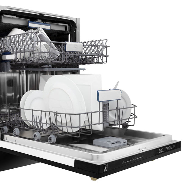 Plates and glassware loaded into ZLINE dishwasher.