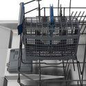 ZLINE Autograph Edition 24 in. 3rd Rack Top Control Tall Tub Dishwasher in Black Stainless Steel with Champagne Bronze Accent Handle, 51dBa (DWVZ-BS-24-CB) close-up, utensil holder on bottom rack.