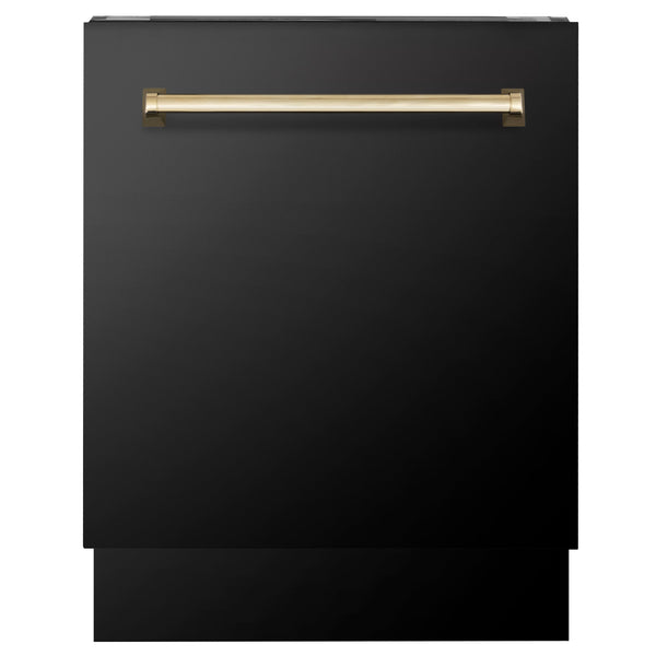 ZLINE Autograph Edition black stainless steel dishwasher with gold accents front