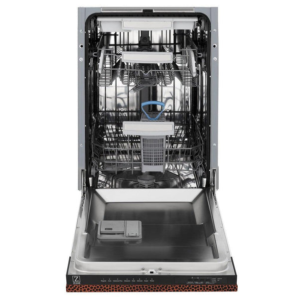 ZLINE 18 in. Tallac Series 3rd Rack Top Control Dishwasher with a Stainless Steel Tub with Hand-Hammered Copper Panel, 51dBa (DWV-HH-18) front, door open.