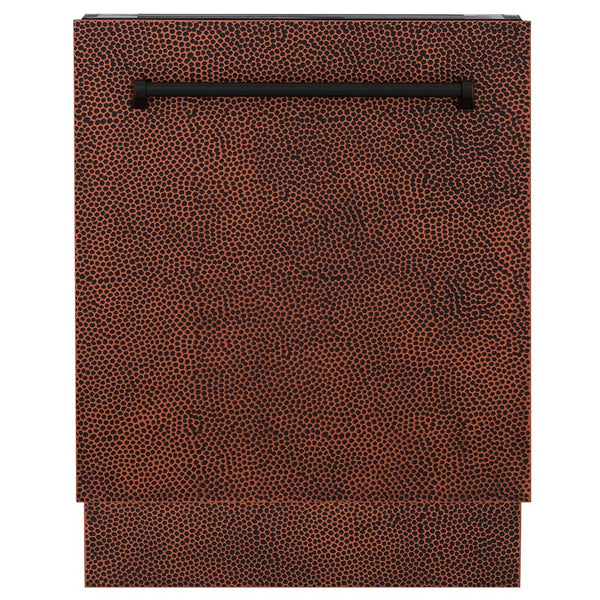 ZLINE 24 in. Tallac Series 3rd Rack Dishwasher with Hand-Hammered Copper Panel and Traditional Handle, 51dBa (DWV-HH-24) front, closed.