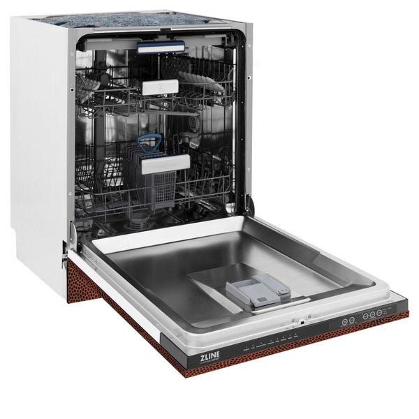 ZLINE 24" Tallac Series 3rd Rack Dishwasher with Hand-Hammered Copper Panel and Traditional Handle, 51dBa (DWV-HH-24) side, open.