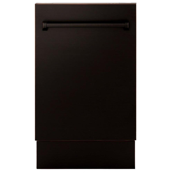 ZLINE 18 in. Tallac Series 3rd Rack Top Control Dishwasher with a Stainless Steel Tub with Oil-Rubbed Bronze Panel, 51dBa (DWV-ORB-18) front, closed.
