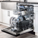 ZLINE 24 in. Tallac Series 3rd Rack Dishwasher with Oil-Rubbed Bronze Panel and Traditional Handle, 51dBa (DWV-ORB-24) in a luxury kitchen from side, open with dishes loaded on all dish racks.