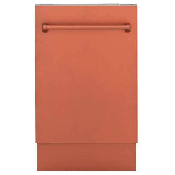ZLINE 18 in. Tallac Series 3rd Rack Top Control Dishwasher with a Stainless Steel Tub with Copper Panel, 51dBa (DWV-C-18) front, closed.