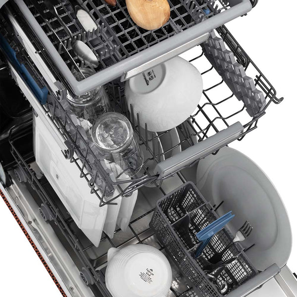 ZLINE 18 in. Tallac Series 3rd Rack Top Control Dishwasher with a Stainless Steel Tub with Hand-Hammered Copper Panel, 51dBa (DWV-HH-18) from above with dishes loaded on all three racks.